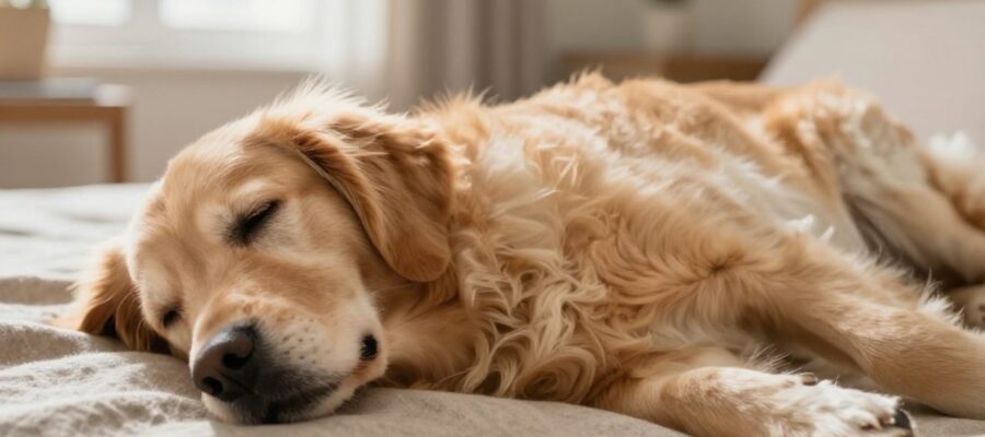 Primer plano del pecho y las costillas de un perro Golden Retriever que suben y bajan rítmicamente mientras descansa sobre una manta.