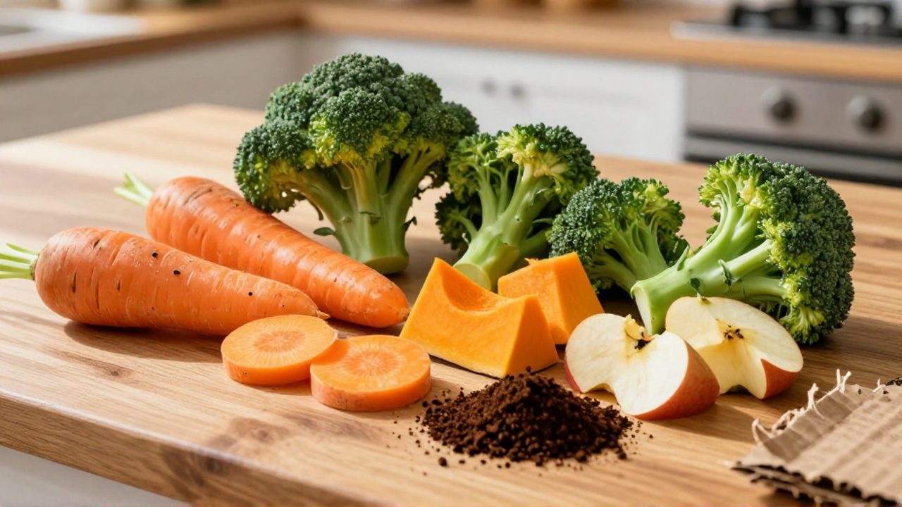 Diferentes restos orgánicos para vermicompostaje, como trozos de zanahoria, brócoli, calabaza, restos de manzana, posos de café y cartón troceado, dispuestos sobre una mesa de madera.