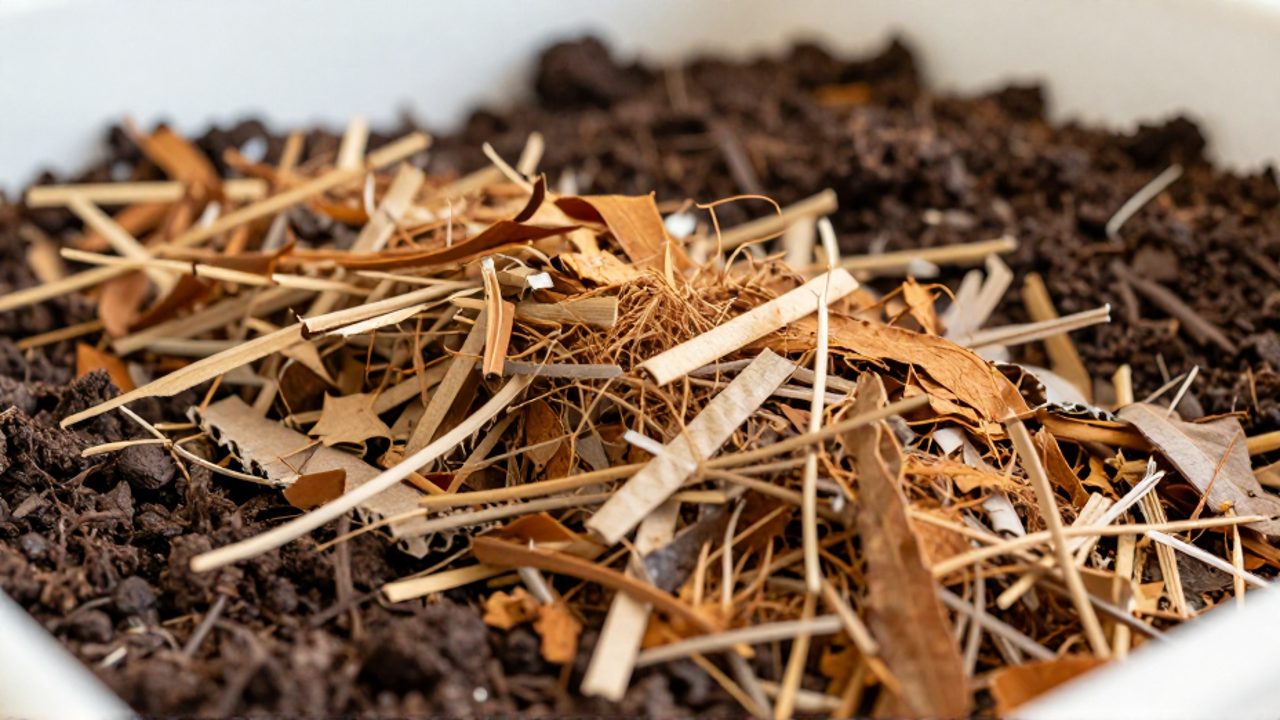Capa de material de carbono compuesta por cartón triturado, hojas secas y fibra de coco sobre una base de humus húmedo en un vermicompostador.