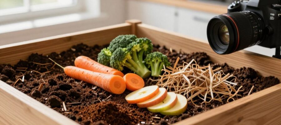 Restos de verduras, posos de café y cartón dispuesto junto a un sustrato oscuro y húmedo en una compostera de madera.