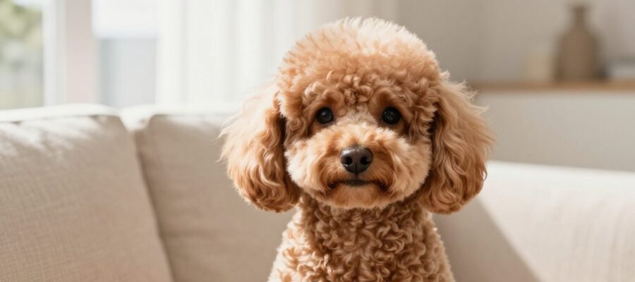 Primer plano de un perro Toy Poodle de color canela sentado con atención sobre un sofá en una sala de estar luminosa.