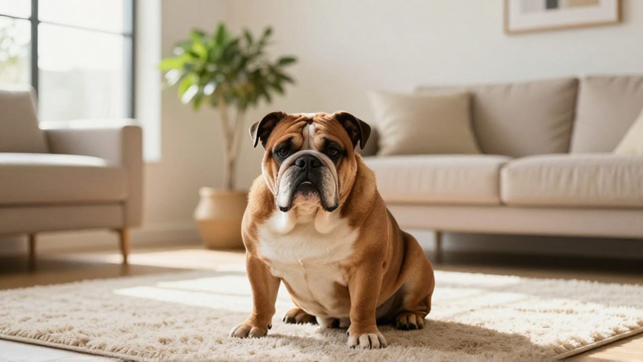 Un bulldog inglés de color chocolate sentado tranquilamente sobre una alfombra en una sala de estar luminosa y moderna.