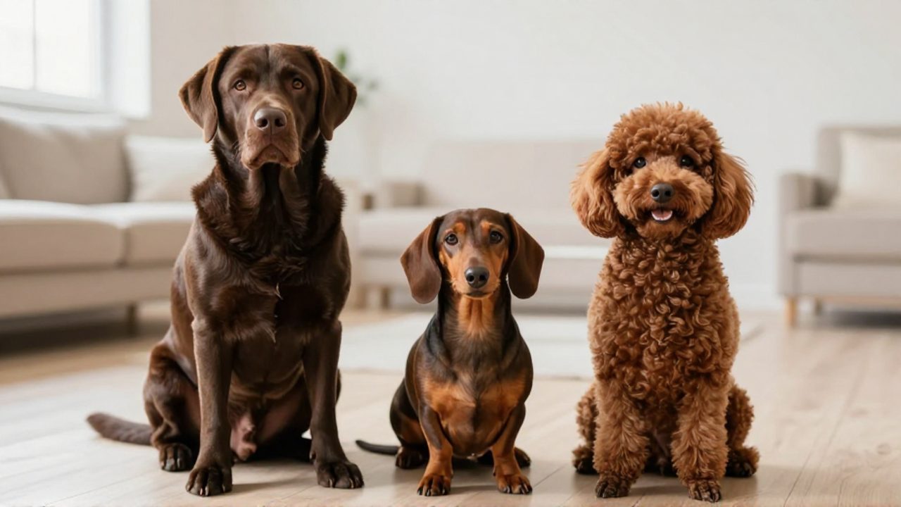 Tres perros de distintas razas con pelaje en tonos café, un Labrador, un Teckel y un Caniche, sentados juntos en una sala luminosa.