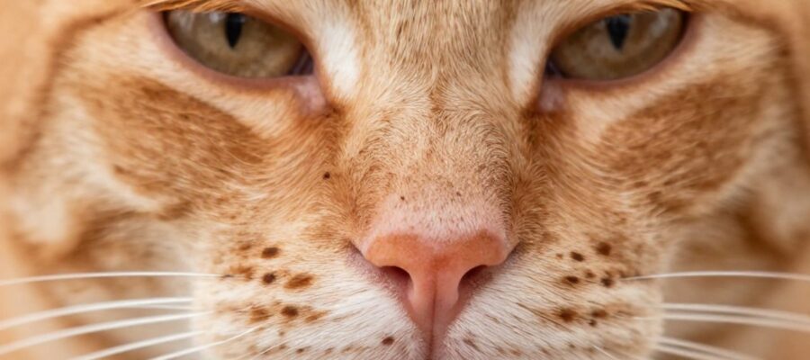 Primer plano de la nariz y el hocico de un gato tabby naranja que muestra pequeñas manchas oscuras de lentigo sobre la piel rosada.