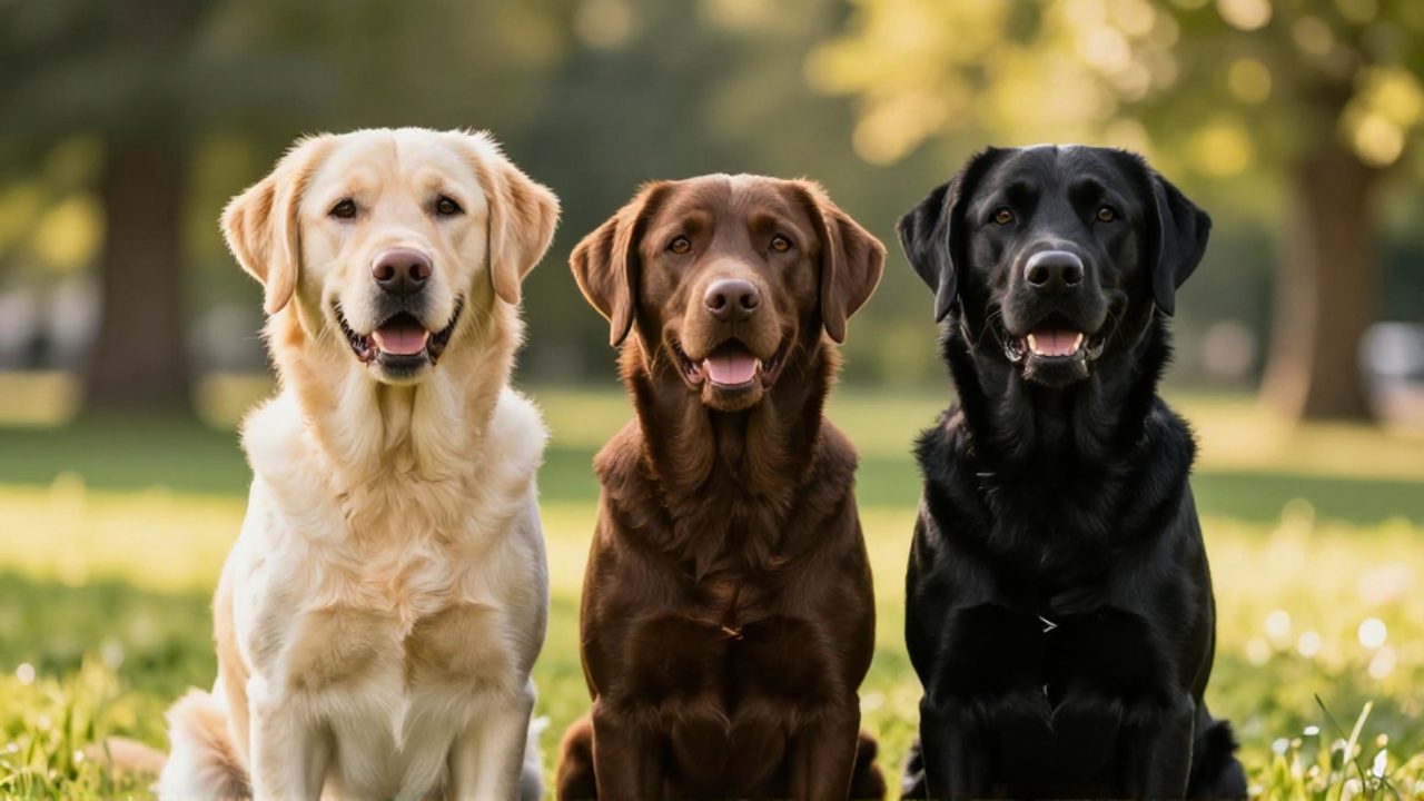 Tres perros labrador retriever de color dorado, chocolate y negro sentados juntos en un parque soleado.