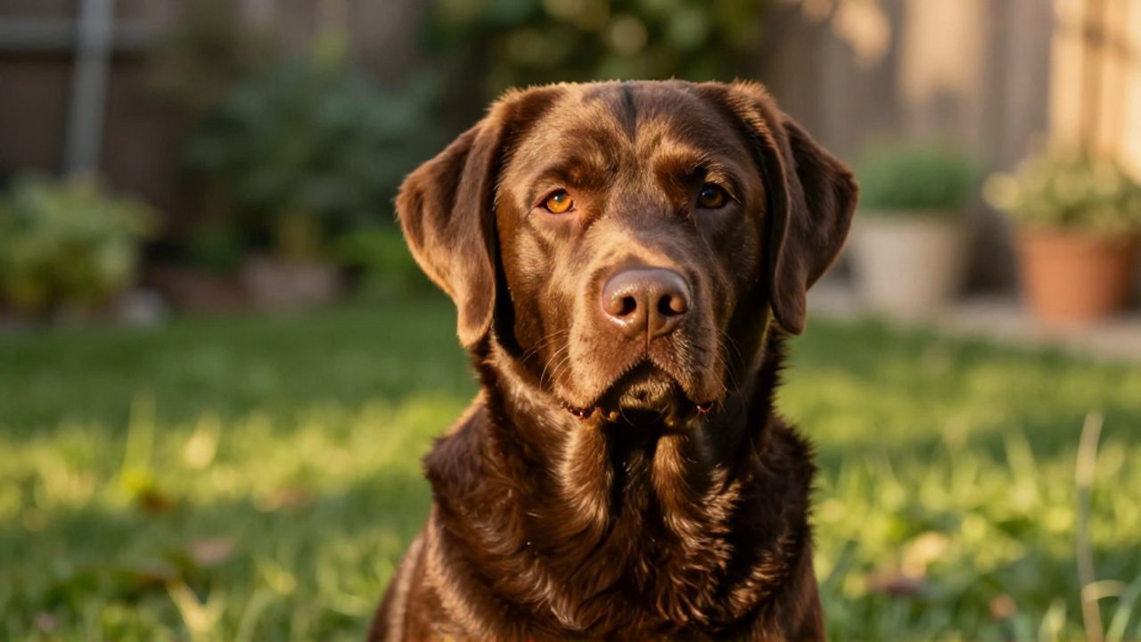 Labrador retriever de color chocolate sentado en un jardín iluminado por el sol.