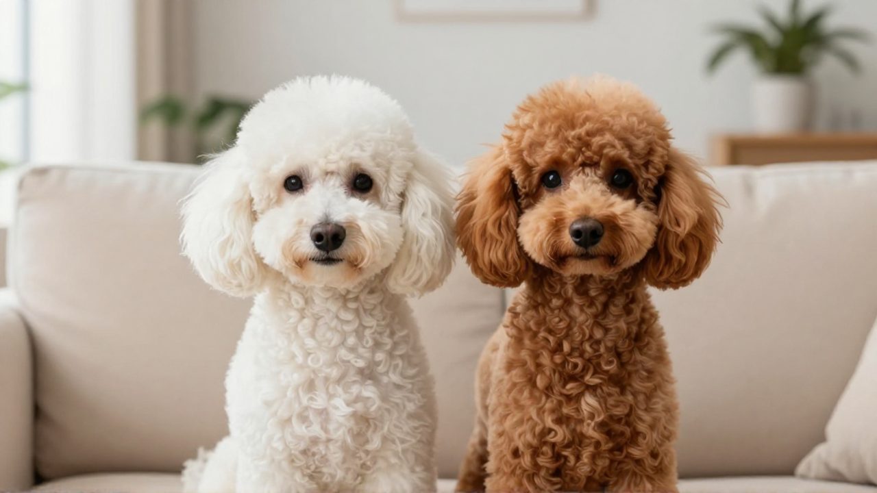 Dos caniches franceses, uno de color blanco y otro de color albaricoque, sentados juntos en un sofá beige.