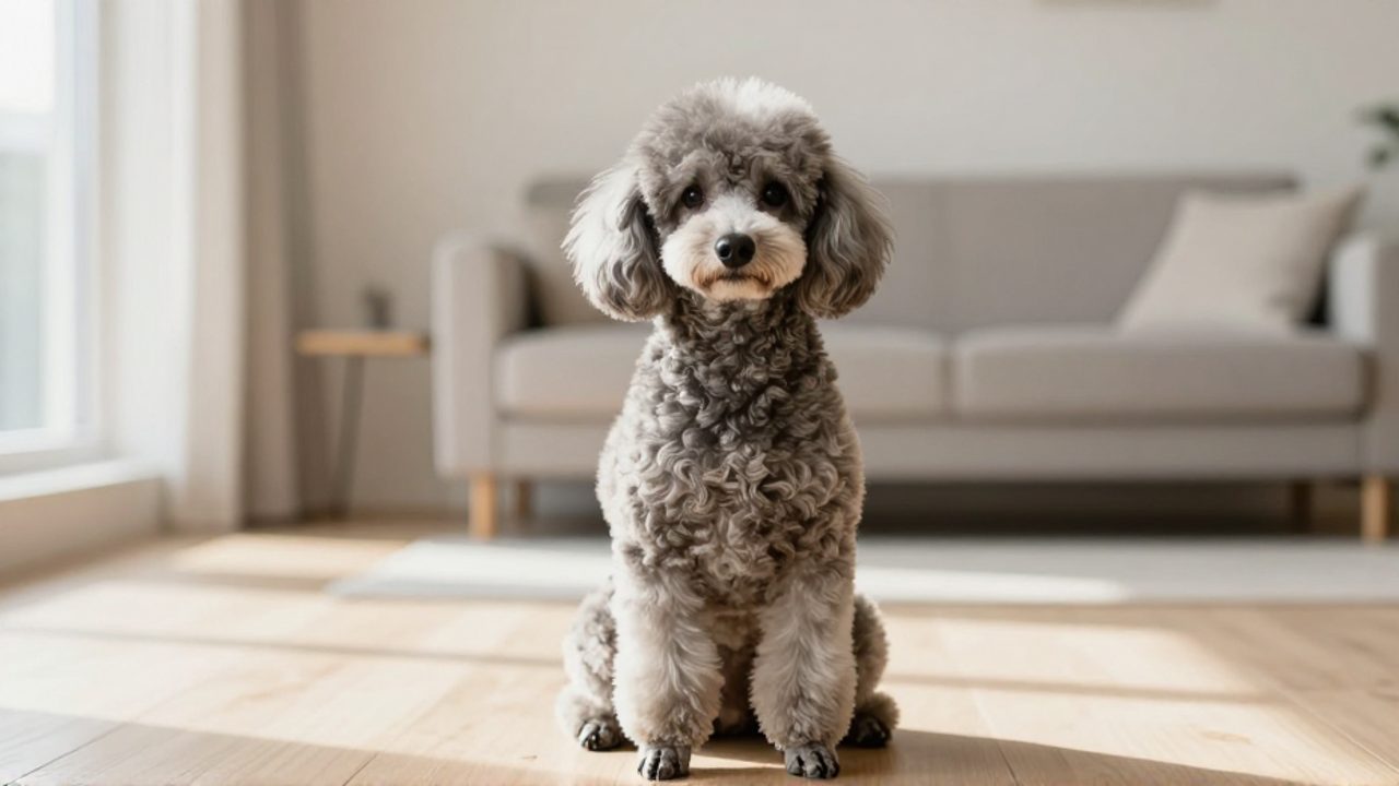 Un French Poodle bien cuidado sentado con actitud atenta sobre un suelo de madera en una sala iluminada por el sol.