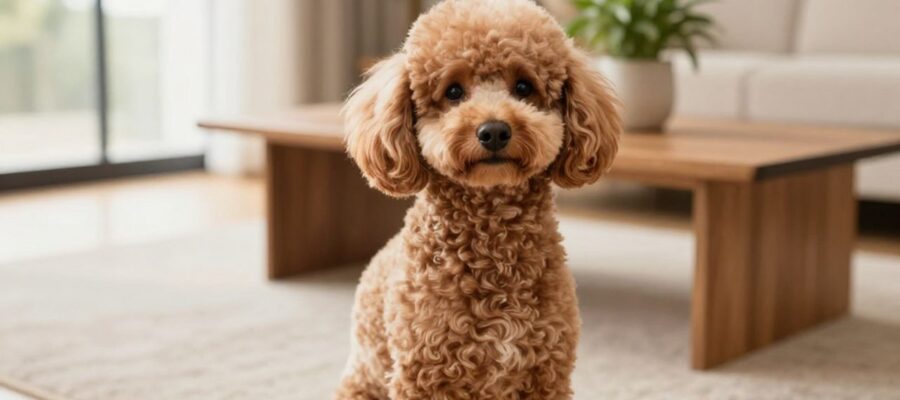 Un French Poodle de color albaricoque sentado con atención sobre una alfombra en una sala de estar iluminada por el sol.