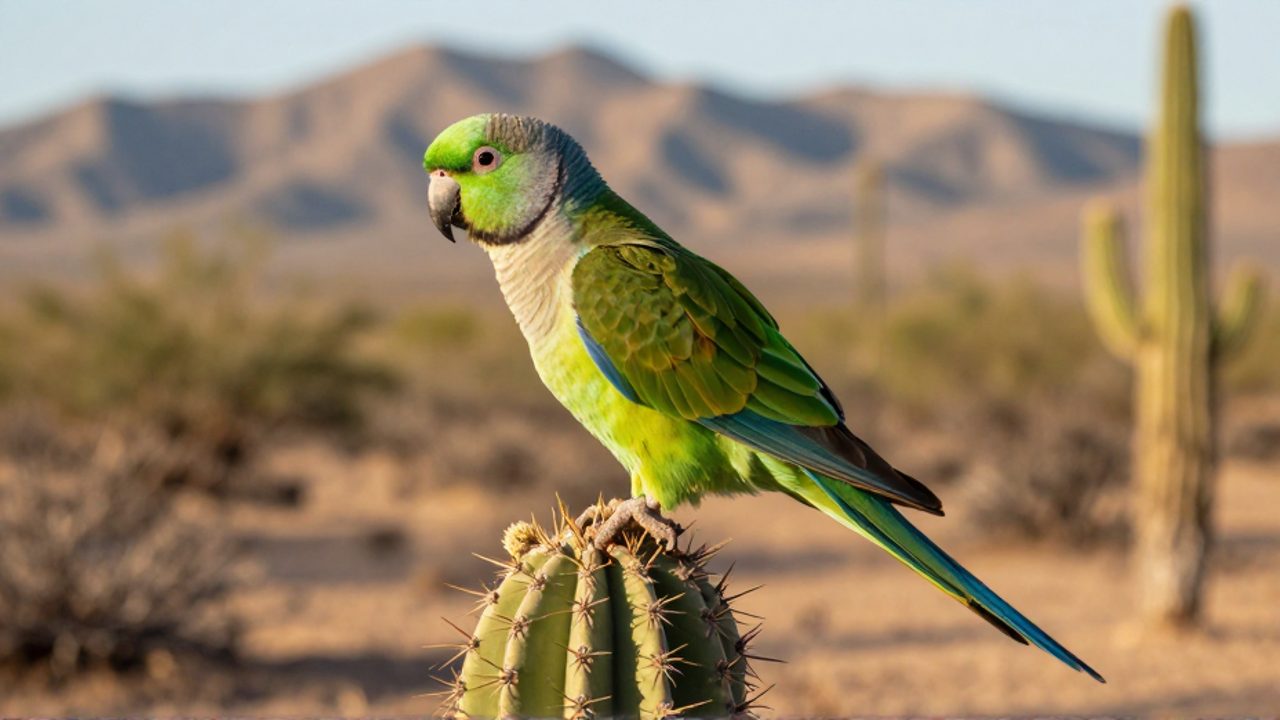 Un loro de color verde brillante posado sobre la rama de un cactus en el paisaje semiárido del valle de Tehuacán-Cuicatlán.