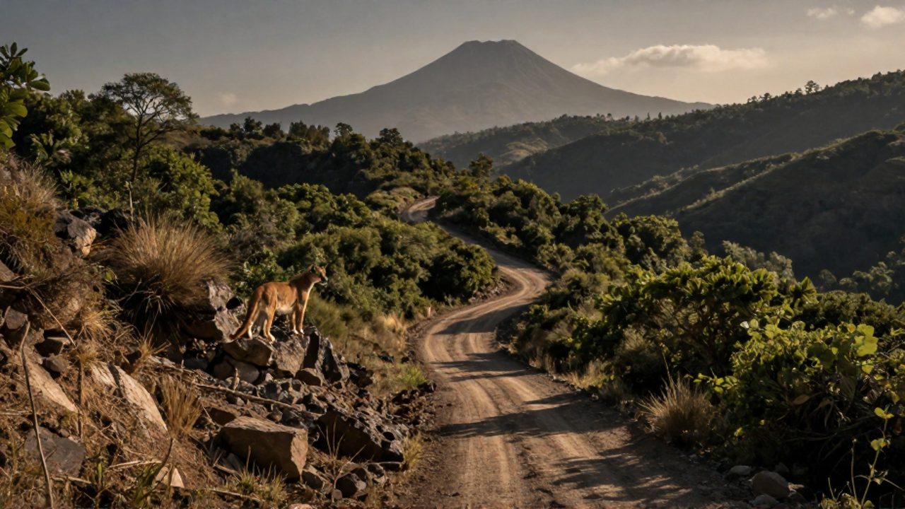 Un puma mexicano observa desde una zona rocosa cómo un camino de tierra divide un bosque en las montañas de Puebla.
