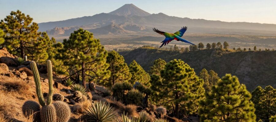 Un guacamaya militar vuela sobre un paisaje que transiciona de bosques de pinos a la zona semiárida de Tehuacán-Cuicatlán con montañas volcánicas al fondo.