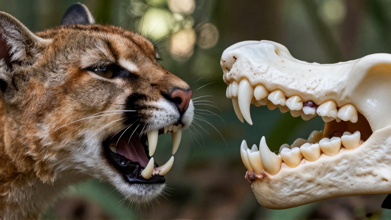 Comparación de los colmillos afilados de un felino frente a los molares planos de un herbívoro para mostrar sus adaptaciones dentales.