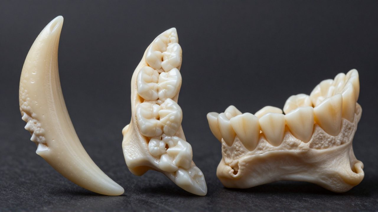 Comparativa detallada de la dentición de un carnívoro con colmillos afilados, un herbívoro con molares planos y un omnívoro con dientes diversos.