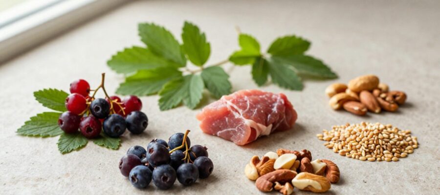 Variedad de alimentos que incluyen bayas, hojas verdes, carne cruda, frutos secos y granos sobre una superficie de piedra.