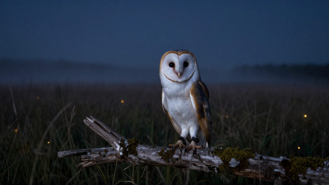 Lechuza común posada en una rama con musgo en un prado nocturno bajo la luz de la luna.