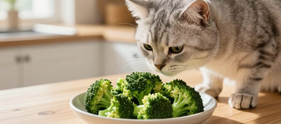 Un gato doméstico olfatea con curiosidad una pequeña porción de brócoli picado en un cuenco sobre una encimera de madera.