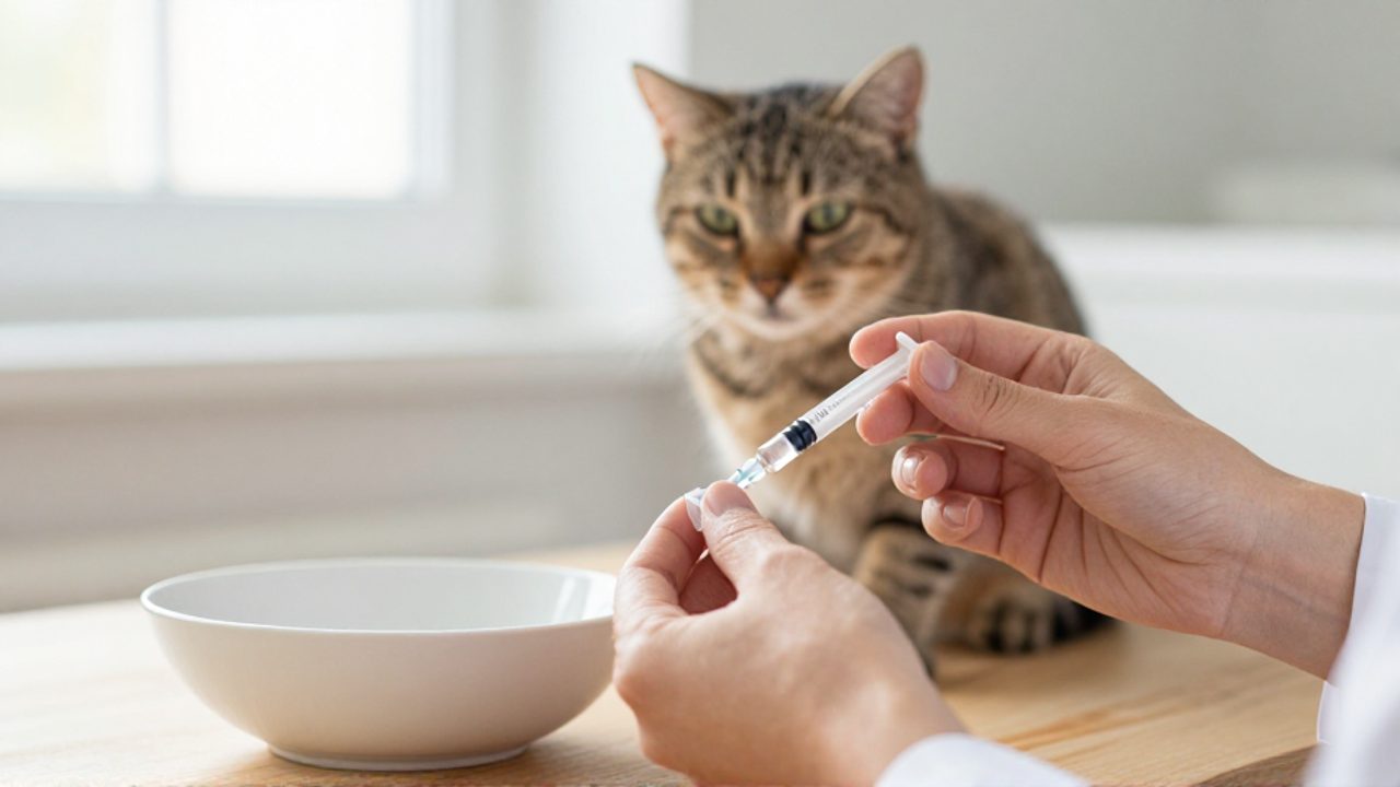 Manos preparando una jeringuilla con medicamento líquido frente a un gato que observa con calma.