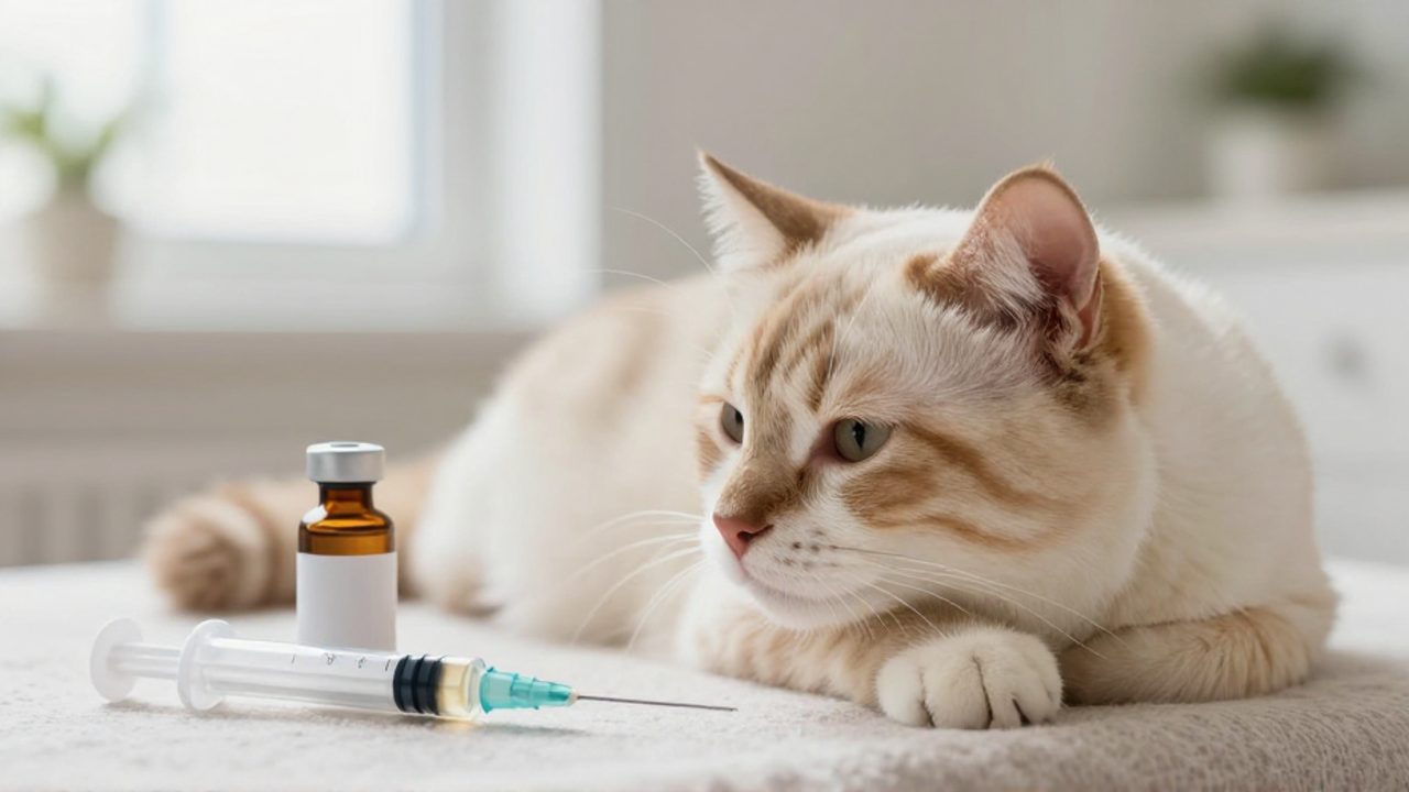 Gato doméstico descansando tranquilamente junto a un frasco de medicamento veterinario y una jeringuilla oral sobre una superficie textil.