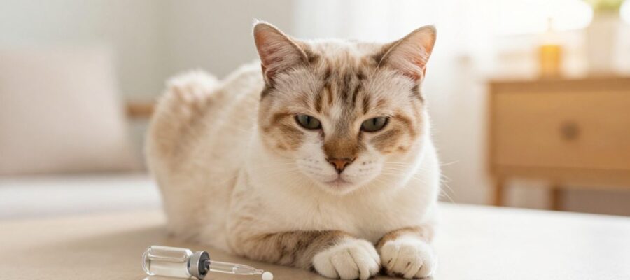 Gato sentado tranquilamente junto a un gotero con líquido y una pastilla blanca sobre una mesa, sugiriendo administración de medicación.