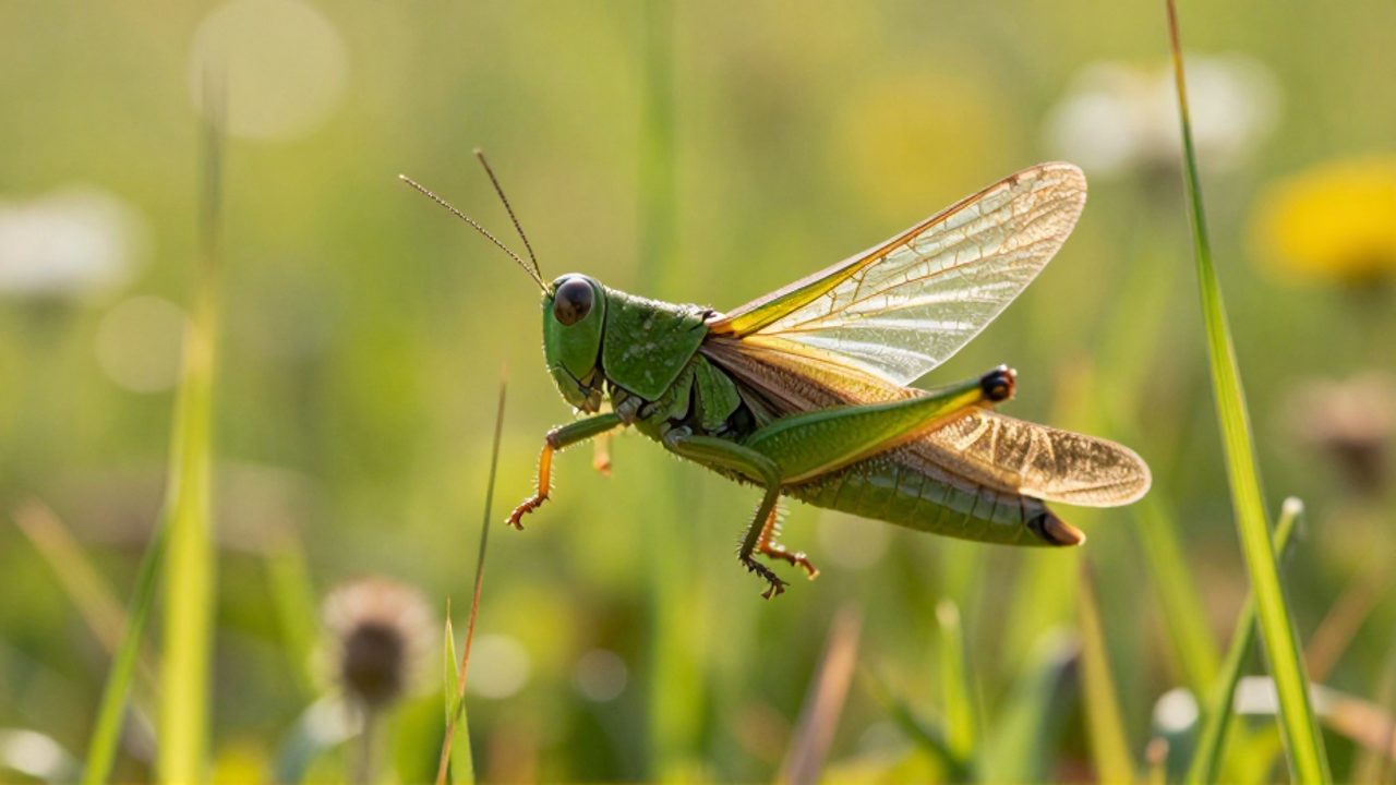 Saltamontes verde en pleno vuelo con sus alas membranosas extendidas sobre un prado soleado.