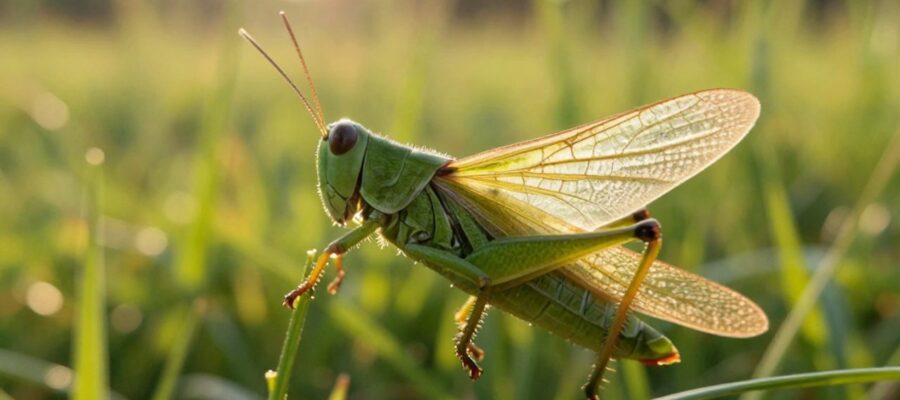 Saltamontes verde desplegando sus alas transparentes mientras vuela sobre un prado soleado.