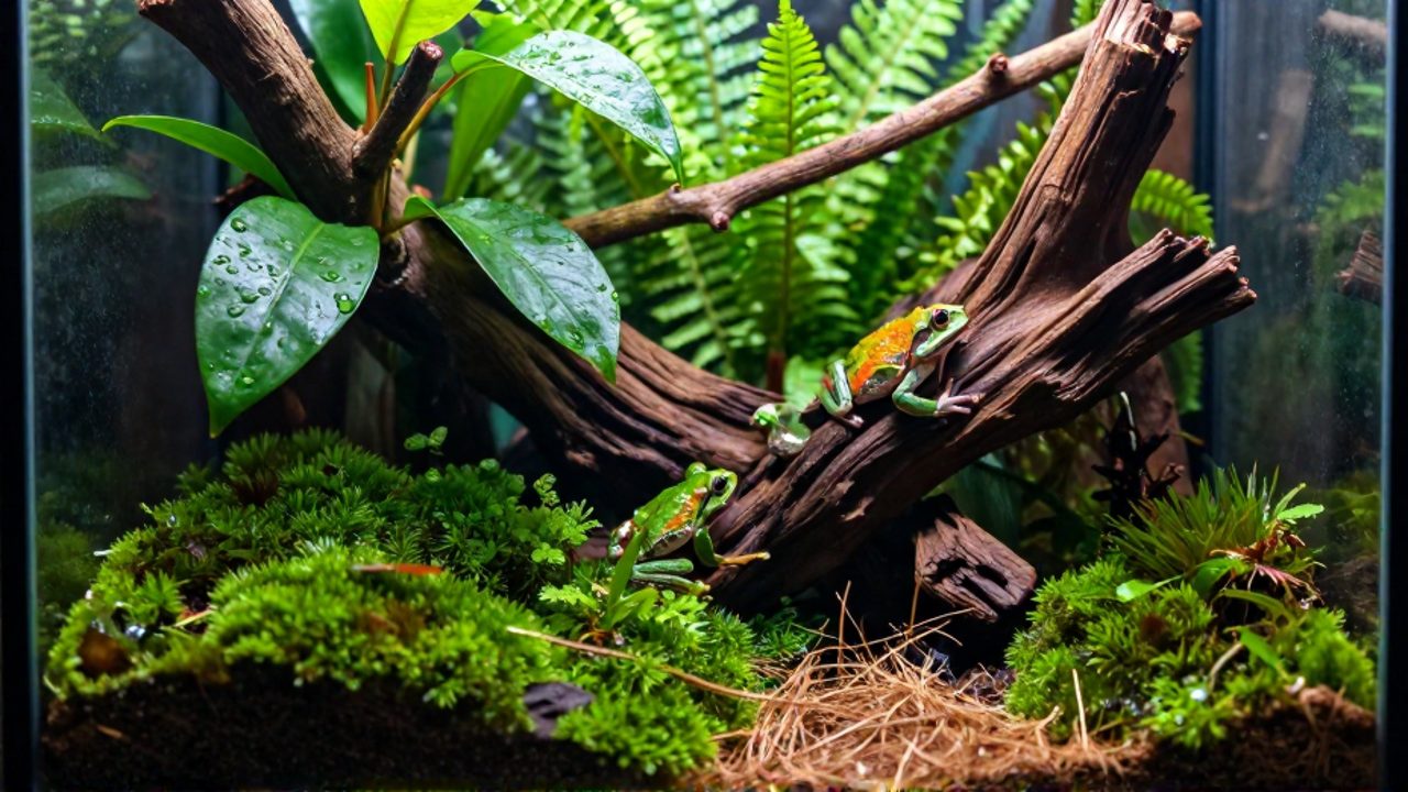Una pequeña rana de colores posada sobre una rama de madera dentro de un terrario bioactivo con vegetación tropical densa y musgo húmedo.
