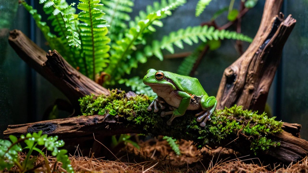 Una rana arborícola verde descansa sobre una rama con musgo dentro de un terrario tropical húmedo y bien cuidado.