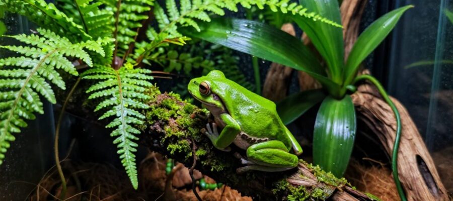 Una rana arborícola de color verde brillante posada sobre una rama con musgo dentro de un terrario vertical lleno de helechos y plantas tropicales.