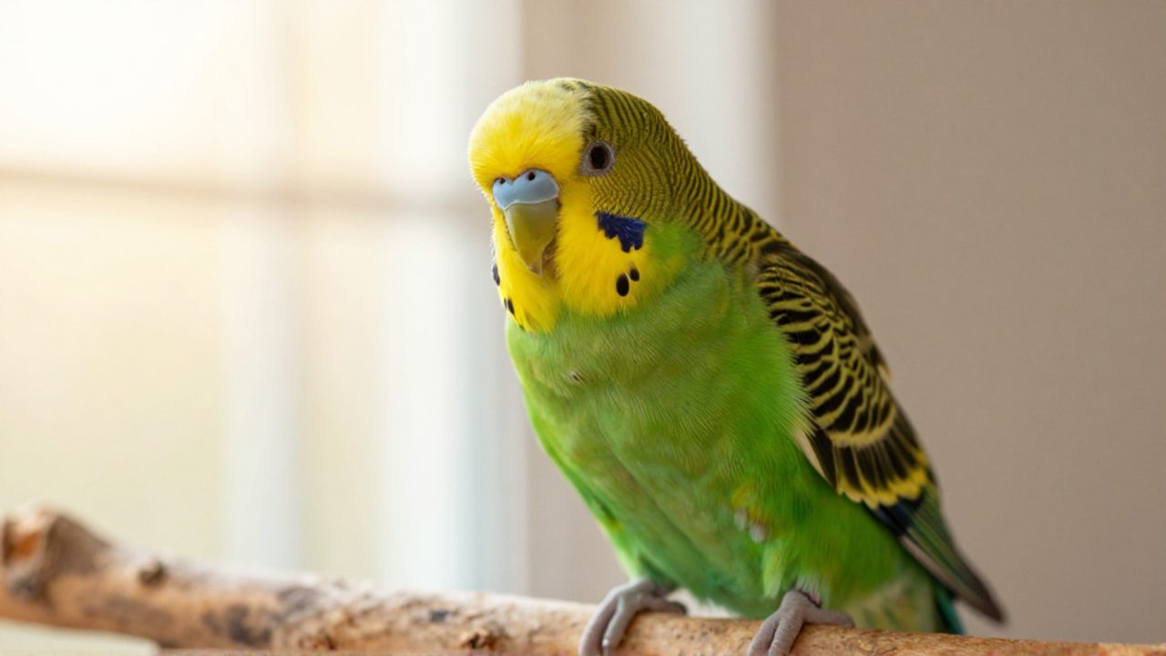 Un periquito verde posado en una rama de madera con la cabeza inclinada de forma curiosa.