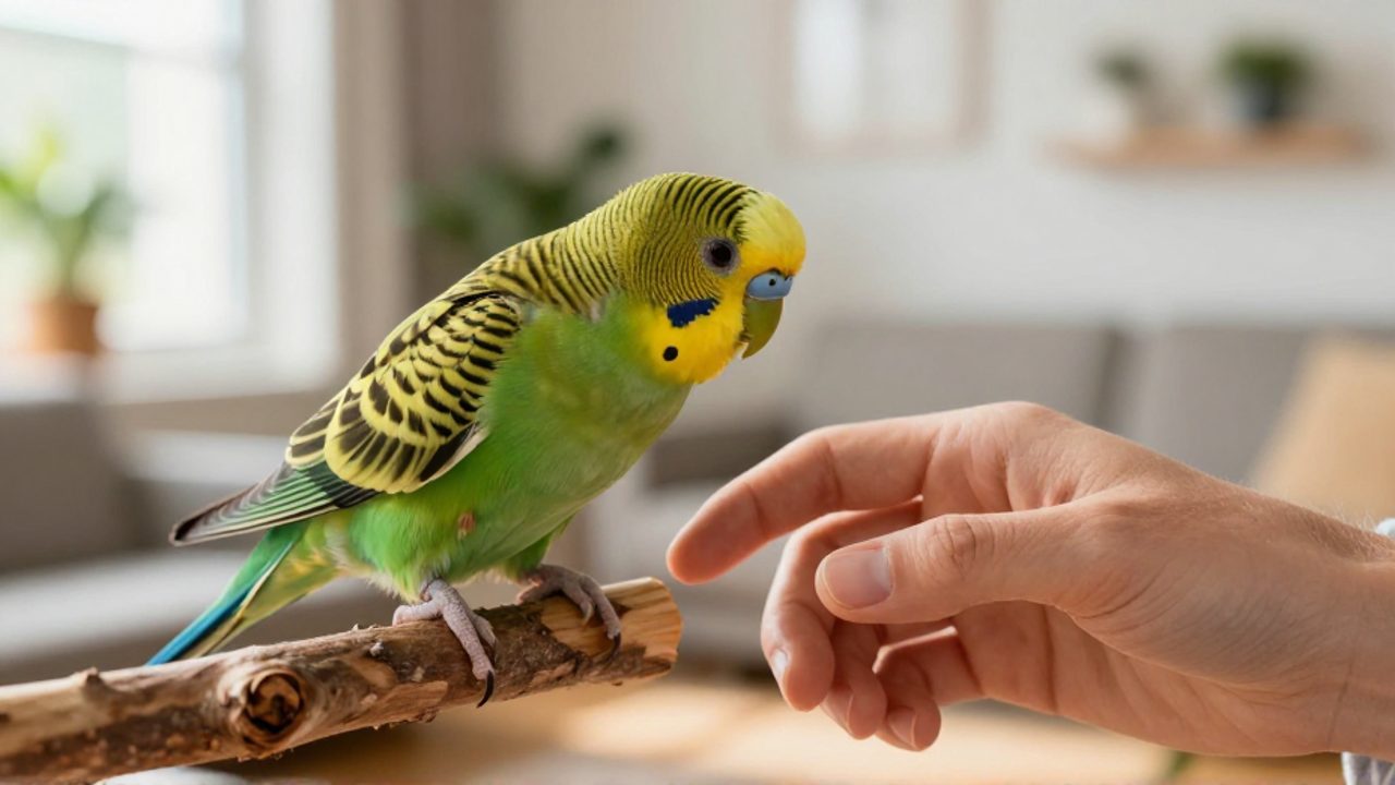 Una persona acerca su mano con delicadeza hacia un perico verde posado en una rama, mostrando un momento de confianza y cercanía.