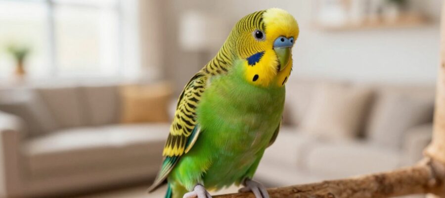 Un periquito verde y amarillo posado en una rama de madera mira con curiosidad hacia la cámara en un entorno doméstico iluminado.