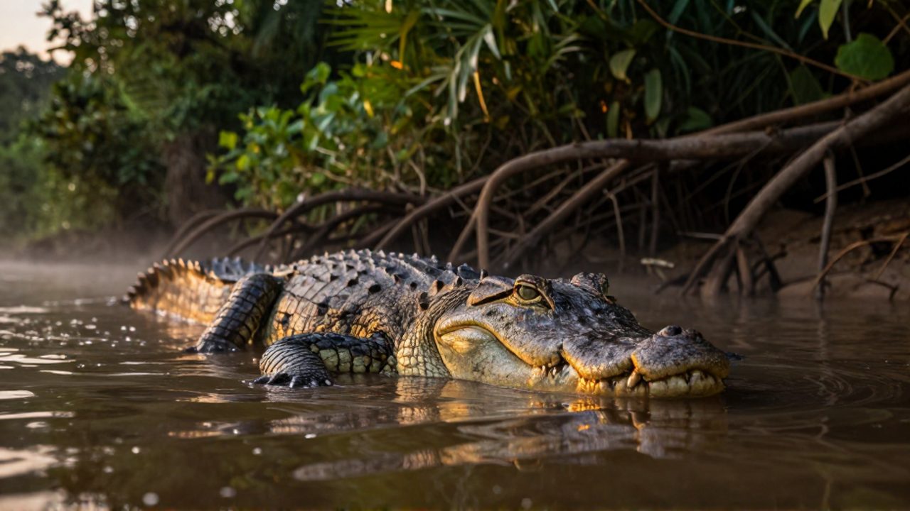 Un cocodrilo del Nilo se desplaza lentamente sobre la superficie de un río tropical entre la vegetación.