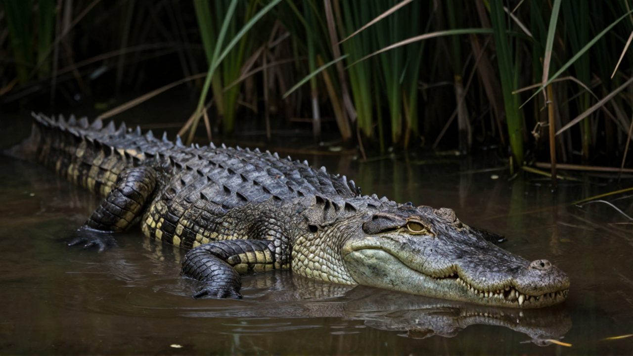 Un cocodrilo del Nilo parcialmente sumergido en aguas turbias de un río rodeado de vegetación densa.
