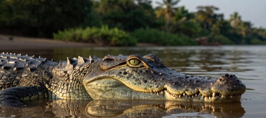 Primer plano de un cocodrilo del Nilo parcialmente sumergido en un río, cuya mirada fija y piel rugosa transmiten una sensación de peligro latente.