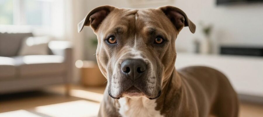 Un Pitbull de mirada tranquila y expresión atenta posa en una sala de estar luminosa y acogedora.