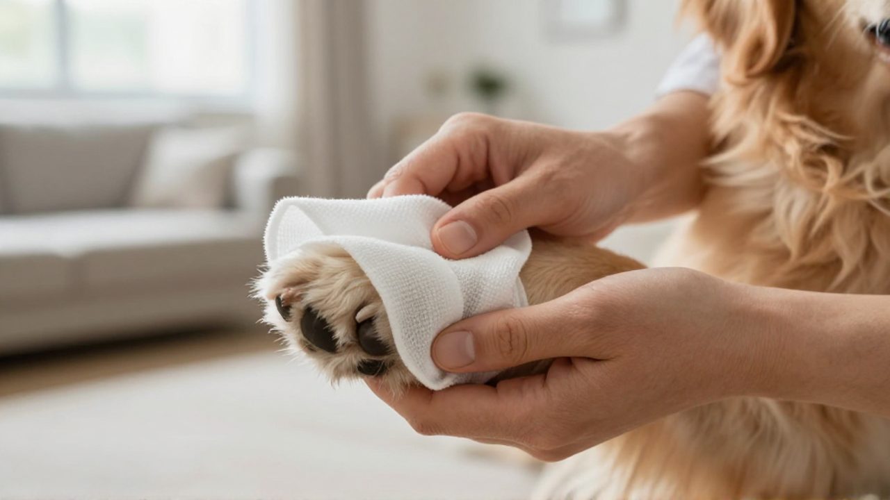 Persona aplicando una compresa suave con un paño limpio sobre la pata de un perro golden retriever para aliviar la inflamación.
