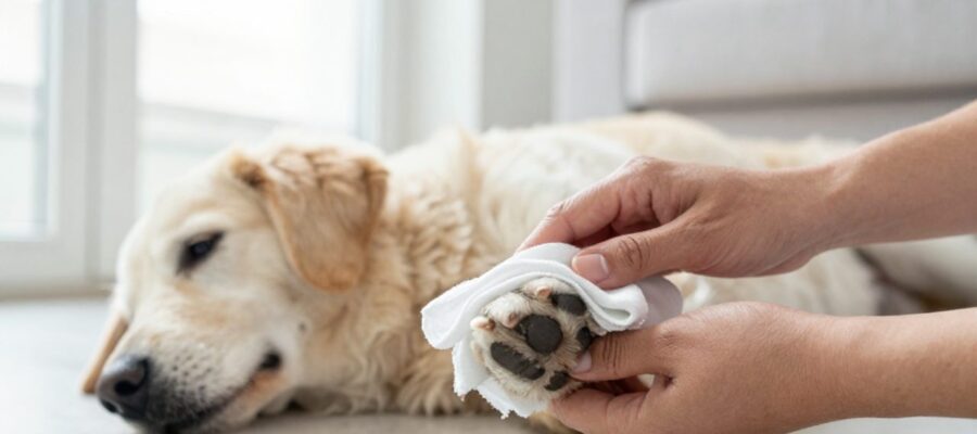 Manos de una persona aplicando una compresa fría con un paño blanco sobre la pata de un perro para aliviar una picadura.