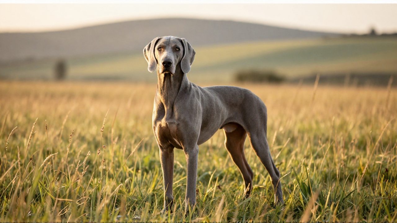 Un perro Weimaraner de pelaje gris plateado permanece alerta de pie en un campo de hierba alta bajo la luz del amanecer.