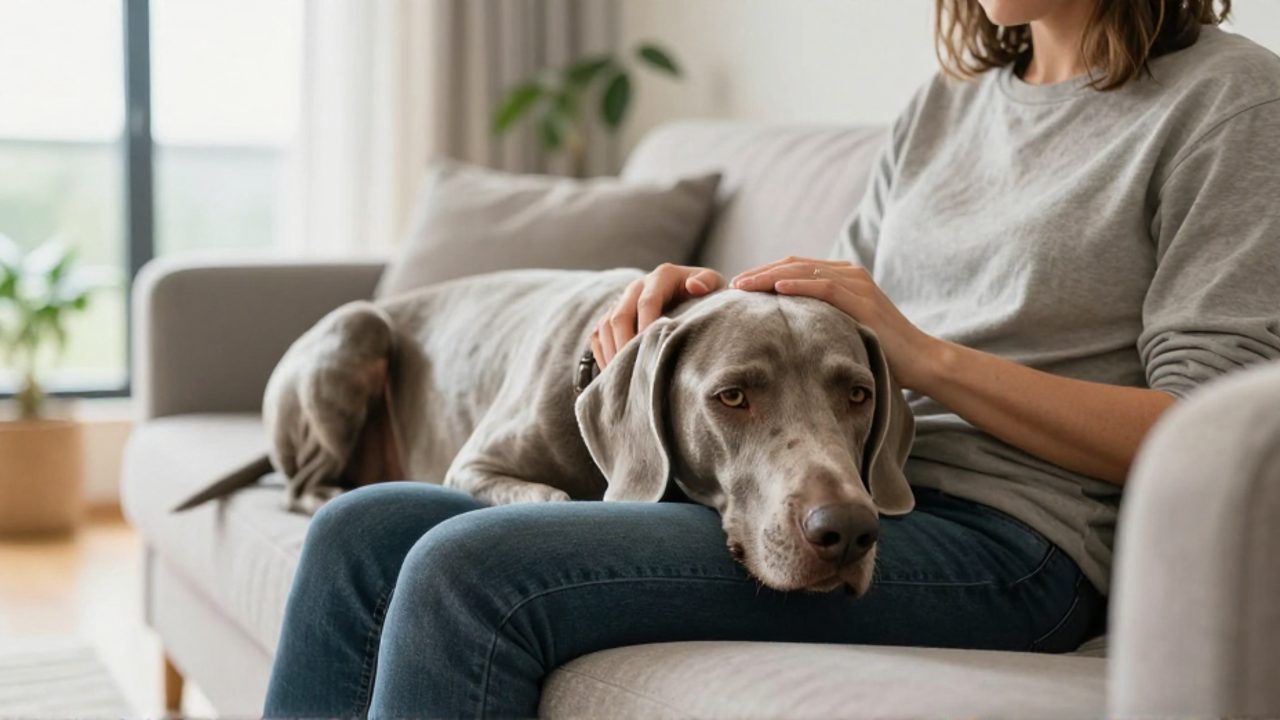 Persona sentada en un sofá acariciando con calma a un perro Weimaraner de pelaje gris plateado en una sala luminosa.