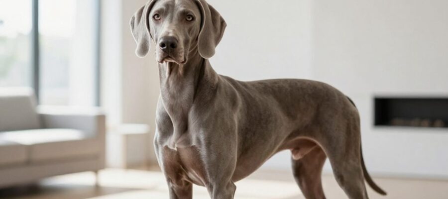 Perro Weimaraner de pelaje gris plateado posando en una sala de estar moderna y luminosa.
