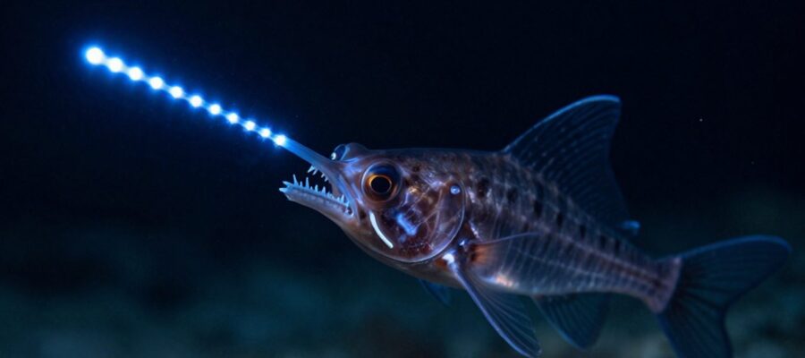 Pez dragón de aguas profundas nadando en la oscuridad con su señuelo bioluminiscente encendido y dientes afilados visibles.