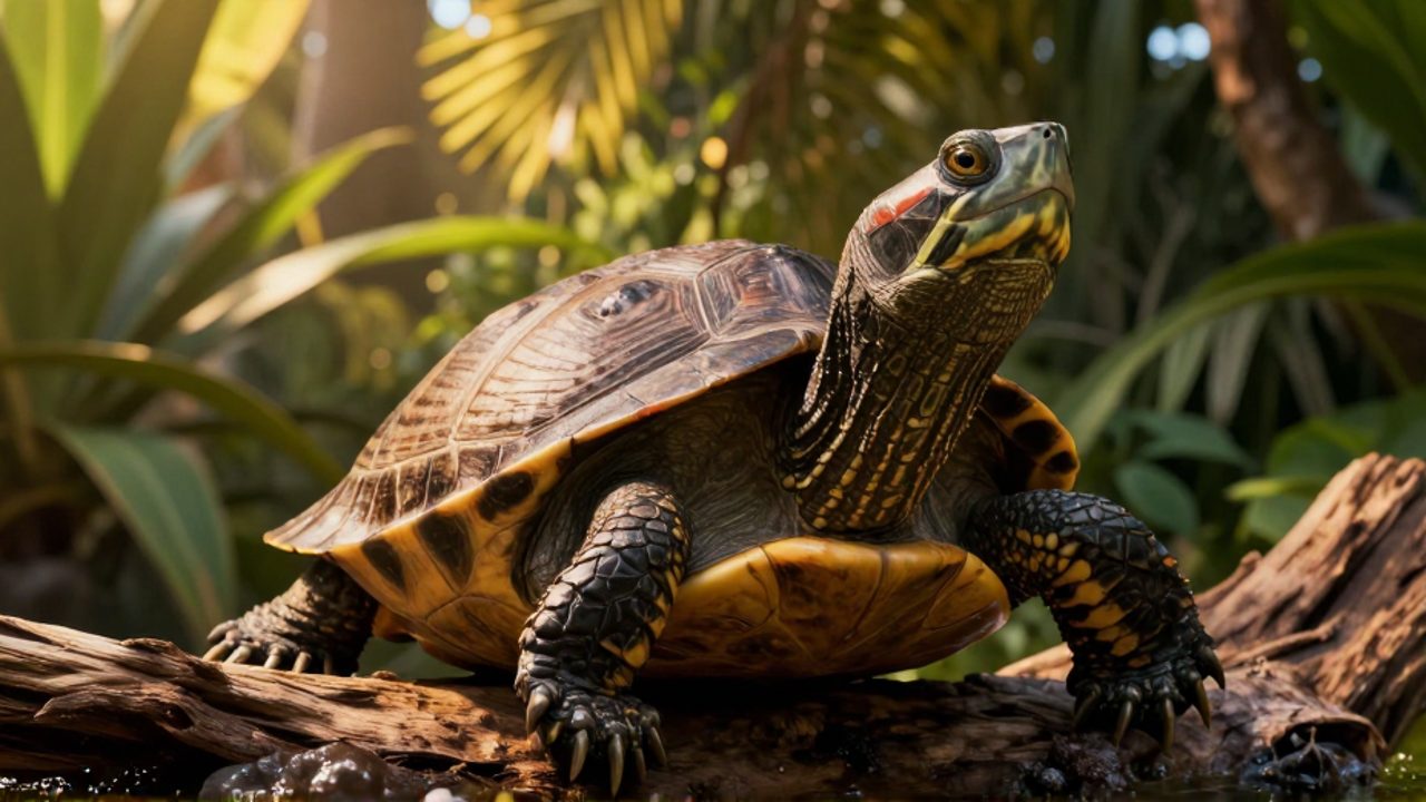 Tortuga de orejas rojas posada sobre un tronco de madera en un entorno de vegetación tropical con luz cálida.