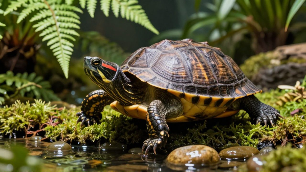 Tortuga de orejas rojas caminando sobre musgo y piedras en un entorno natural lleno de vegetación.