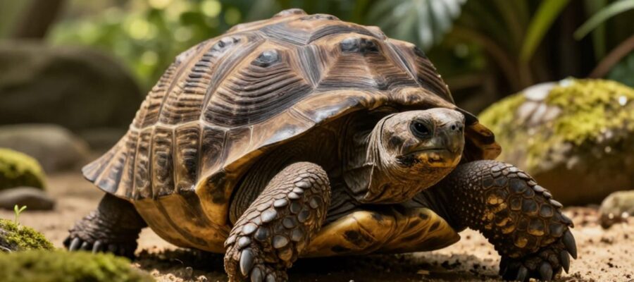 Tortuga macho de aspecto majestuoso descansando sobre piedras con musgo y arena en un entorno natural iluminado por el sol.