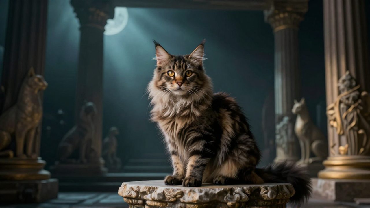 Gato de pelo largo con mirada intensa sentado sobre un pedestal de piedra en un ambiente de templo antiguo con luz de luna.