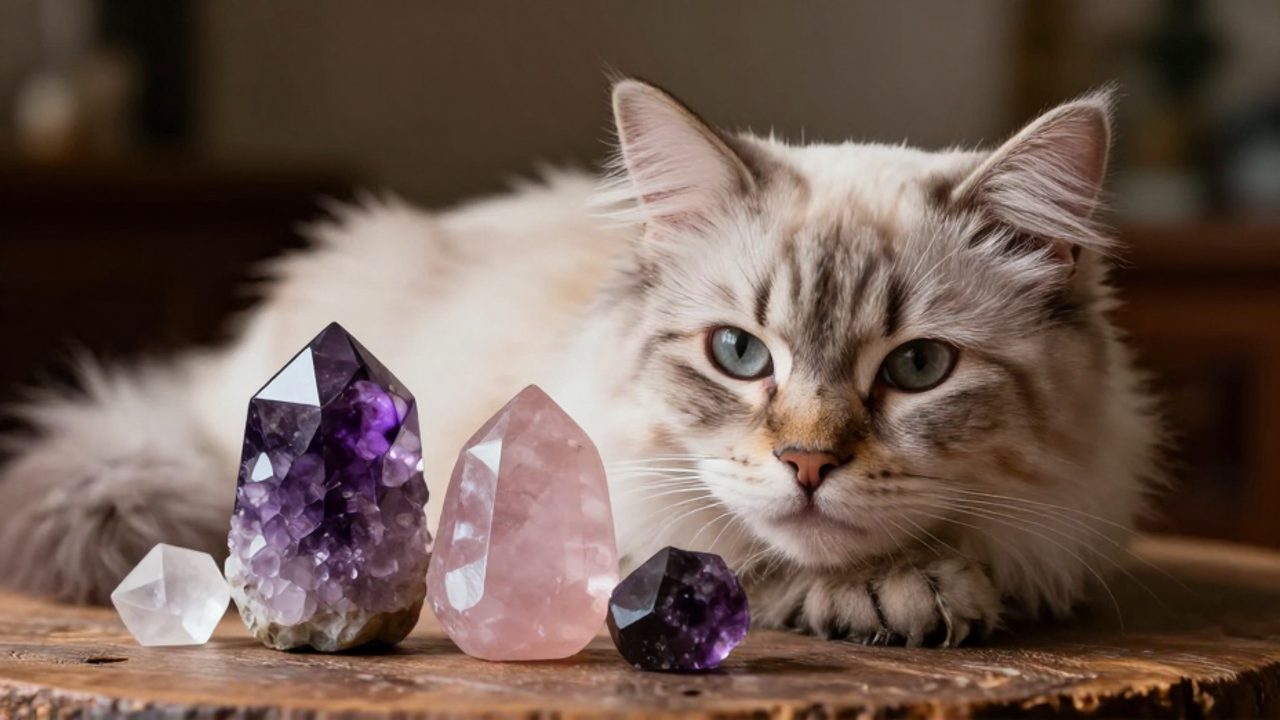 Gato de pelo largo descansando con serenidad junto a cristales de amatista, cuarzo rosa y obsidiana sobre una mesa de madera.