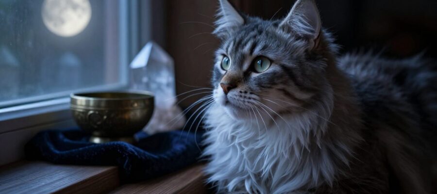Gato de pelo largo sentado en un alféizar de madera mirando hacia la luz de la luna en un ambiente místico con cristales de fondo.