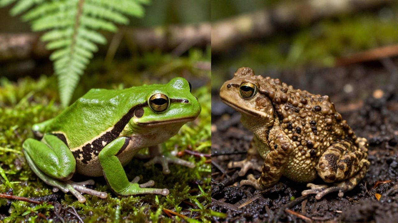 Comparativa de una rana arborícola de piel verde y brillante junto a un sapo de piel rugosa y cuerpo robusto sobre un suelo de musgo de bosque.