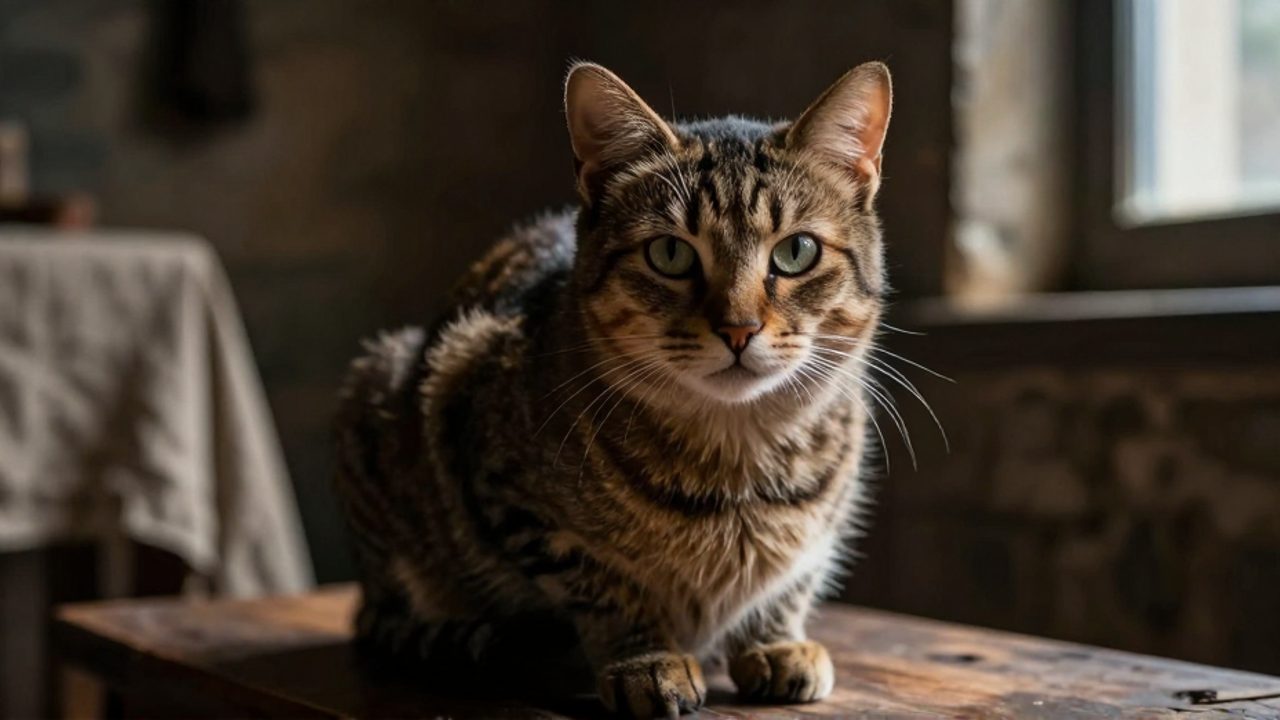 Gato doméstico sentado con mirada fija sobre una superficie de madera en un ambiente cálido y tenue.
